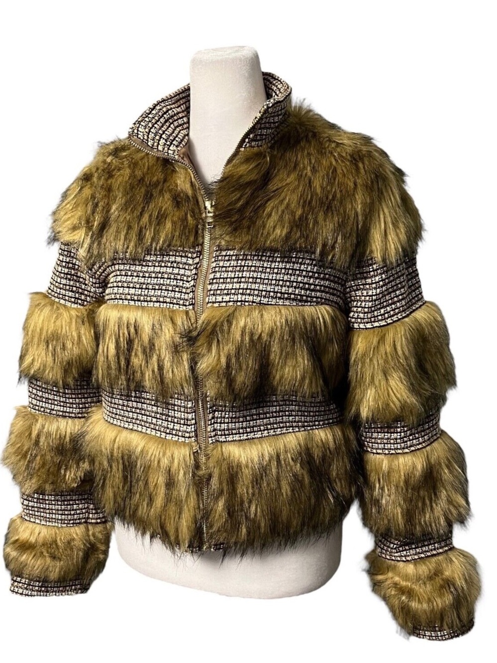 Olive Brown Faux Fur Stripe-Panel Teddy Jacket